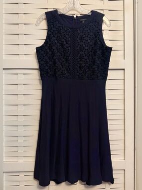 Ann Taylor Sleeveless Navy Crochet Overlay Bodice A-Line Dress